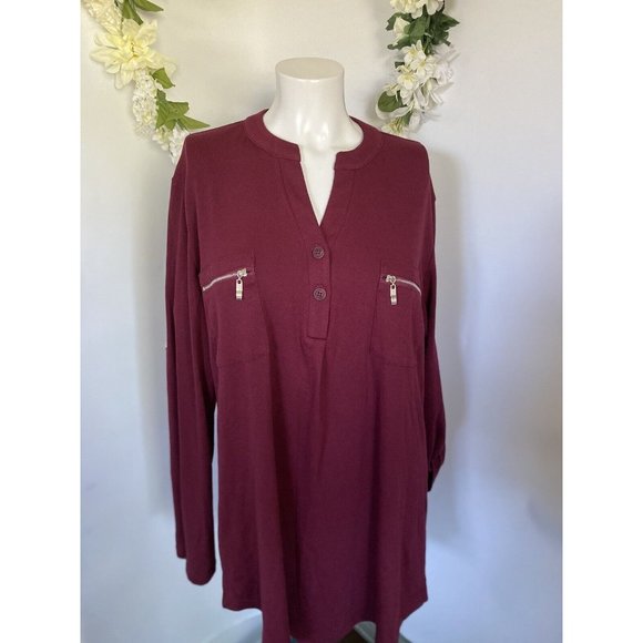 Siddhe Tunic Top Button Front V Neck 3/4 Rolled Long Sleeve Zip Burgundy 2XL NWT - Picture 15 of 16